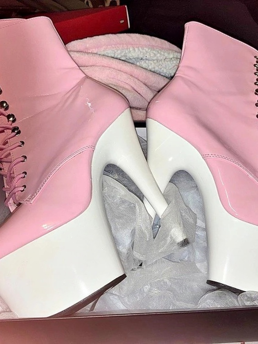 Pleaser Adore-1020 Pink & White Platform Ankle Boots